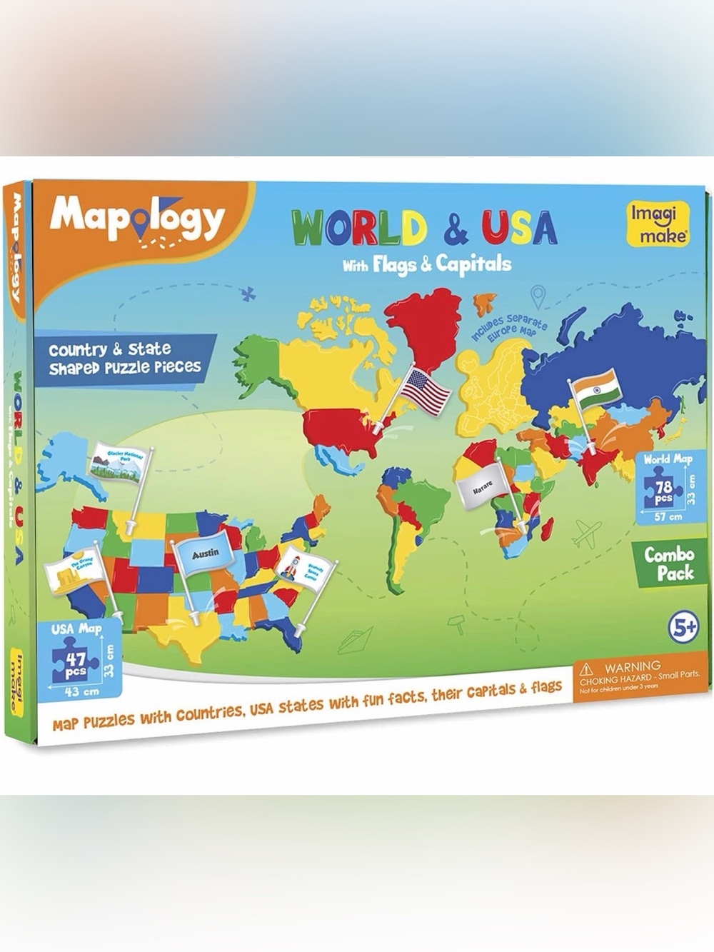 World & USA Map Puzzle - Educational Kids Learning Toy - Multicolor